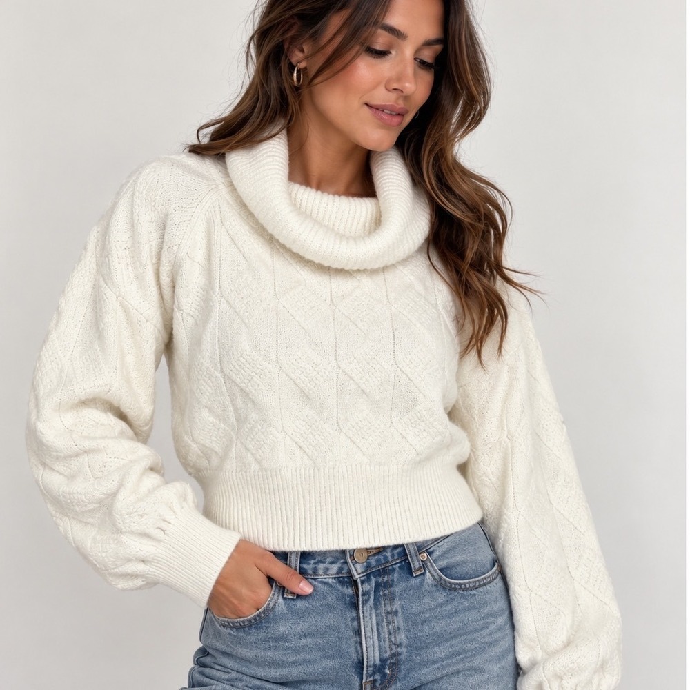 Madden NYC Marilyn Cowl Neck Cable Knit Cropped Sweater White Egret NS509A L
